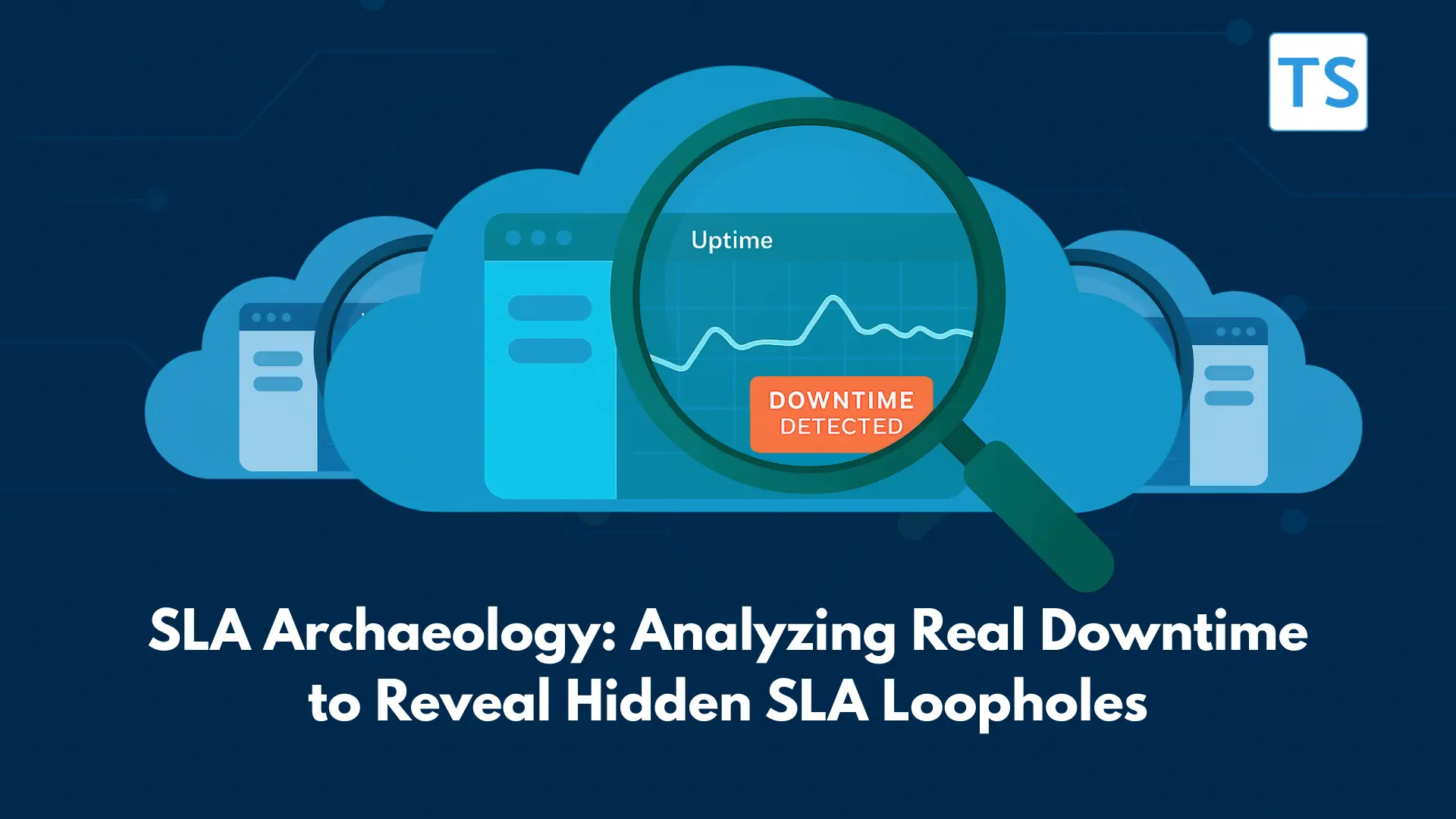 Cloud downtime analysis concept showing an uptime chart under a magnifying glass to uncover SLA loopholes.