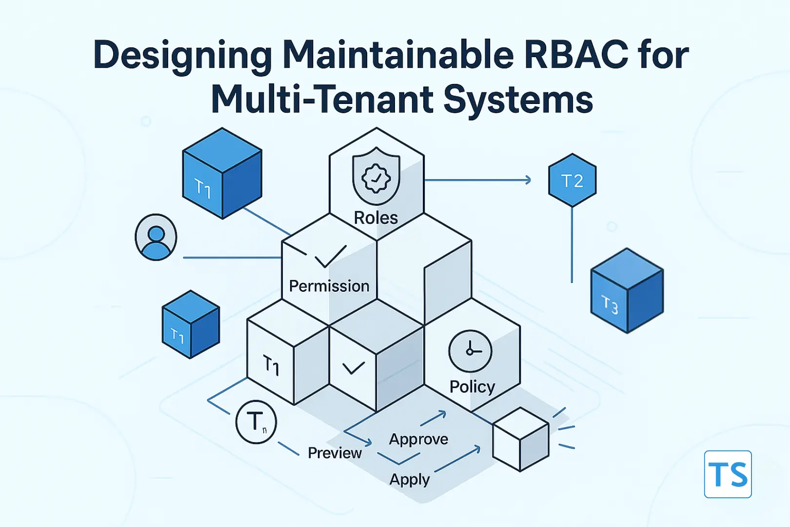 Techosquare blog header showing maintainable RBAC design for multi-tenant SaaS systems with roles and permissions.