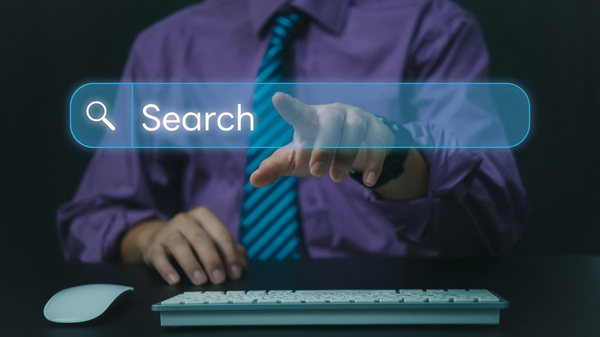 Person pointing at virtual search bar for SEO integrity