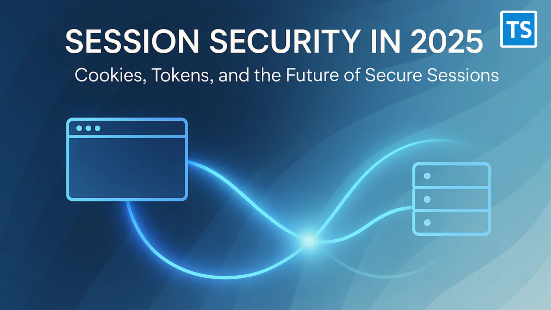 Techosquare banner showing session security in 2025 with browser and server icons linked by a glowing connection.